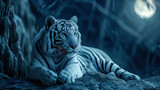 On the frame is a beautiful white tiger, illuminated by the soft light of the moon, creates a pict