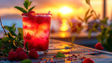 Photo of raspberry mochito in a high glass decorated with mint leaves, against the background of s