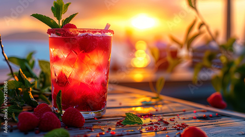 Photo of raspberry mochito in a high glass decorated with mint leaves, against the background of s photo