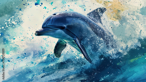 Portrait of watercolor dolphin emitting energy and joy