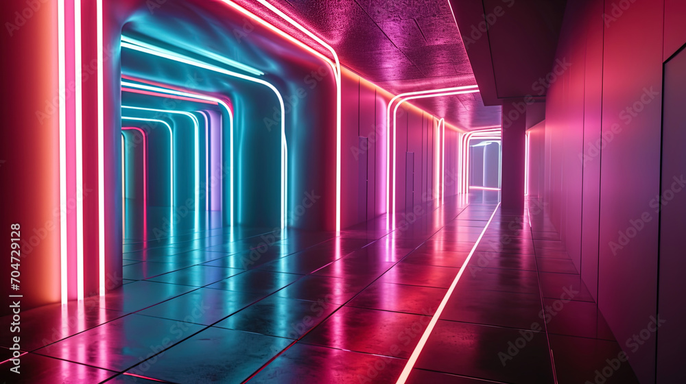 The modern neon corridor, creating the illusion of infinity and inviting to travel along light wav