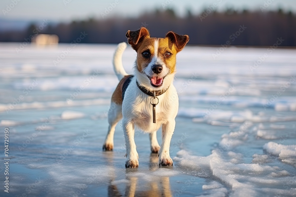 Jack Russell Terrier on frozen lake with skate marks