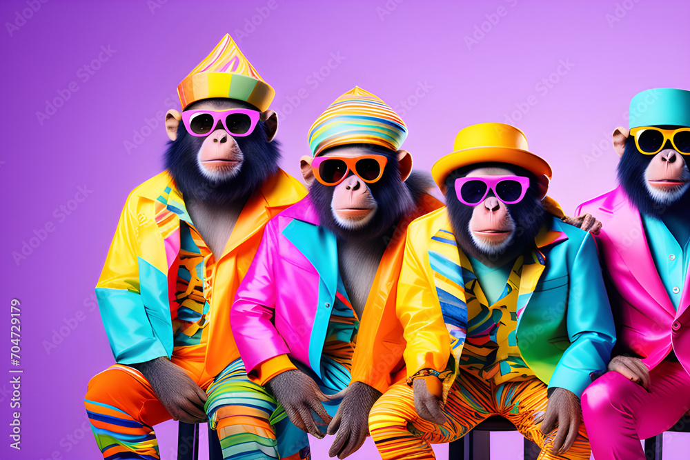 Creative animal concept advertising by vibrant monkey fashion group - birthday party invite banne with solid background, bright and colorful costumes, text space generative ai
Creative animal concept advertising by vibrant monkey fashion group - birthday party invite banne with solid background, bright and colorful costumes, text space generative ai