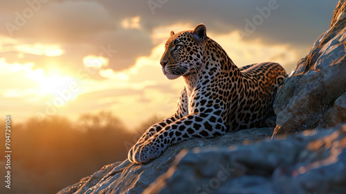 The image of the leopard, in a calm pose, highlighted by the rays of sunset, creates an atmosphere