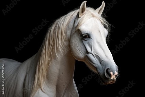 Isolated black background with white Andalusian horse