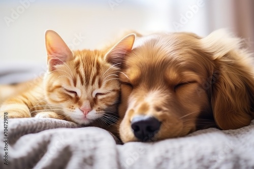 Kittens and puppies napping together cared for with love and friendship in a domestic environment with home pets