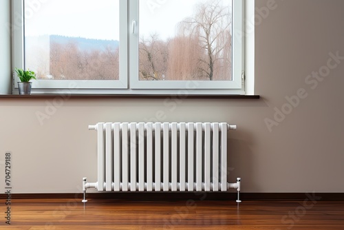 Modern apartment interior with wooden floor and a white metal radiator being heated