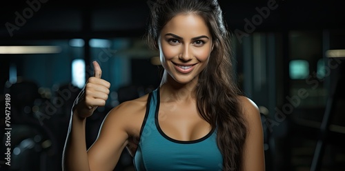 A young beautiful girl in a sports uniform stands in the fitness room and gives a thumbs-up sign of approval. Generated by And.