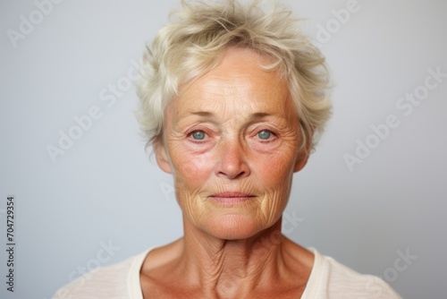 Portrait of a senior woman with wrinkles on her face against grey background