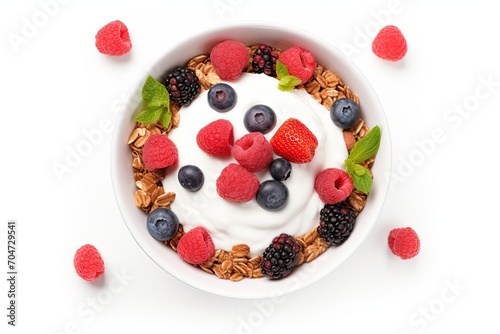 Granola with yogurt and berries on white background, from above.