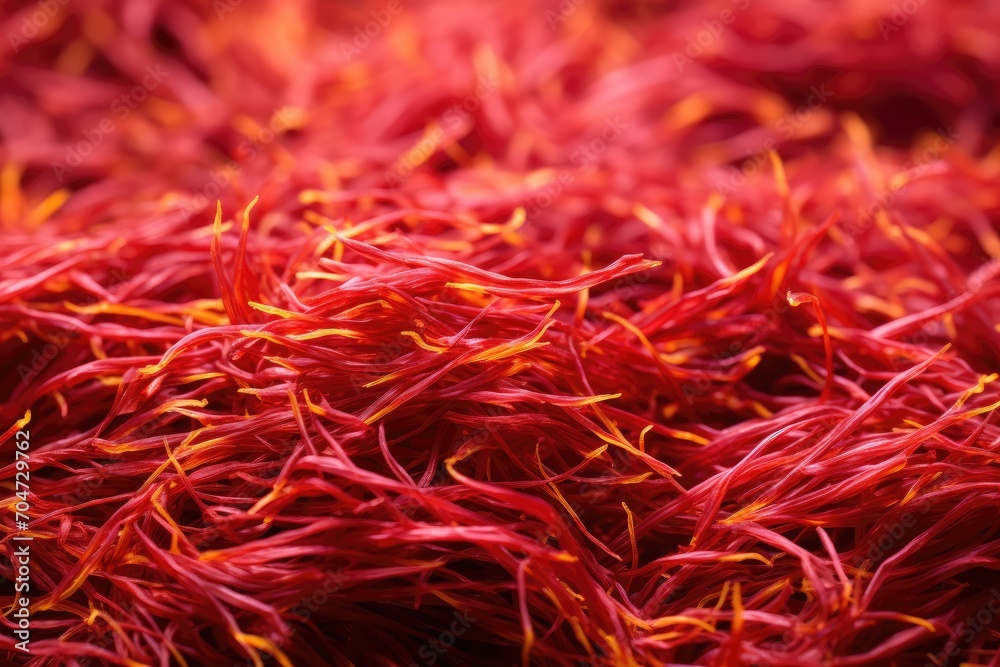 Naklejka premium Close-up of red saffron threads. Full frame gold saffron background. Vibrant red saffron wallpaper. Traditional Indian spice. Fine dining concept. Aromatherapy and homeopathy. Long red spice.