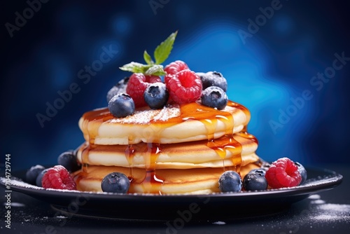 Delicious pancakes with blueberries and syrup on a minimal background.