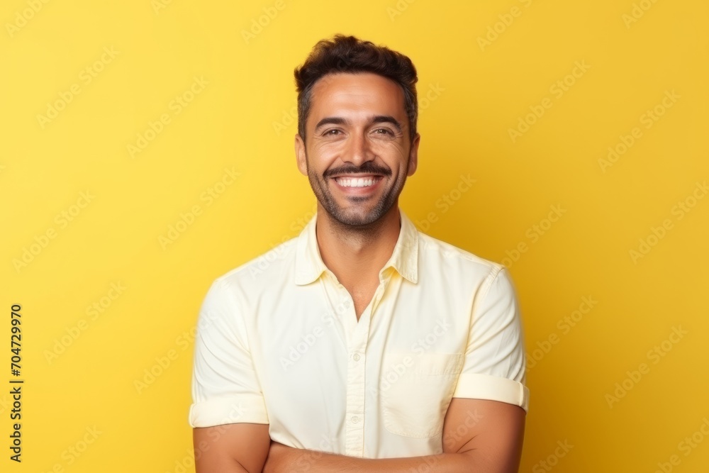 Portrait of a handsome young man smiling at camera over yellow background Portrait of a handsome young man smiling at camera over yellow background