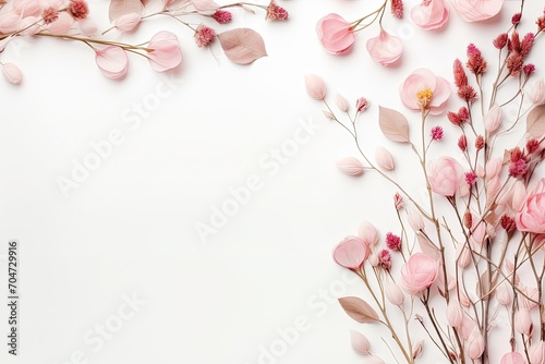 Pale pink dry flowers and eucalyptus branches on a white background arranged in a pattern Flat lay top view square shape with some empty space for adding inform