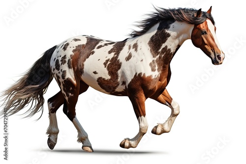 Piebald horse gallops alone on white background