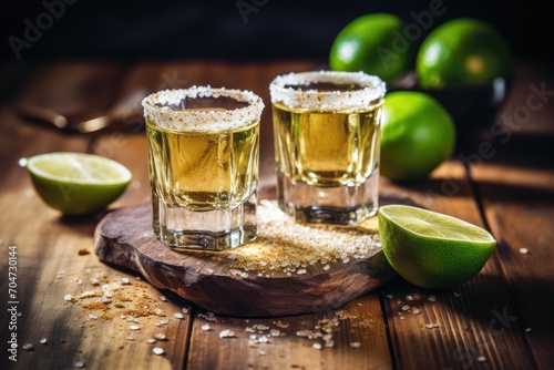 Selective focus on macro photo of gold Mexican tequila shots with lime salt on rustic wooden background Close up of gold Mexican tequila shots with lime salt on