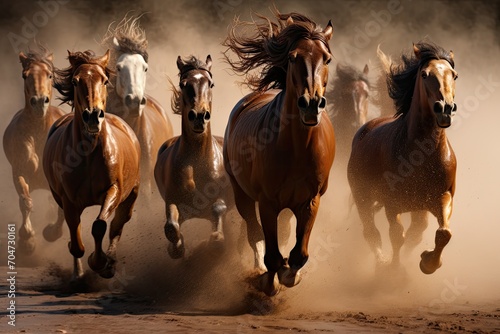 Seven sand deprived horses gallop away