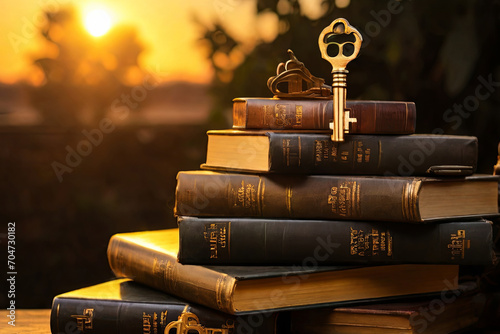 Sunset books stack. Golden key atop symbolizes 'education is the key to success.' Inspiring concept in captivating imagery. photo