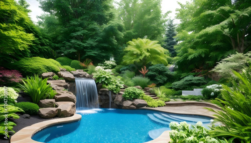 tropical garden with pool and flowers © JL Designs
