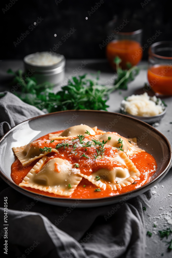 Ravioli stuffed with tomato sauce, basil and Parmesan cheese, prepared at home in a bright kitchen with the table set. Illustration. Generative AI