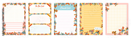 Notepaper lined or grid Notepad set with butterfly moth design. Weekly daily planner, note paper, to do list, sticker page collection. Stationery copybook frame template. Isolated vector illustration