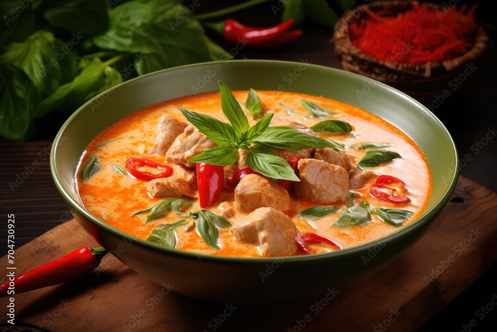 Thai soup made with red curry and a choice of beef pork or chicken called panaeng curry in Thailand Served on a wooden table