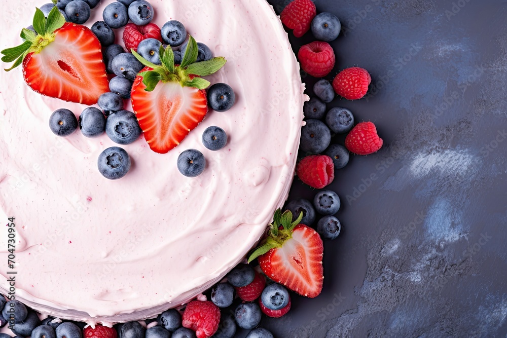 Top down image of cake adorned with blue and pink whipped cream along with fresh berries Suitable for menus or confectionery catalogs