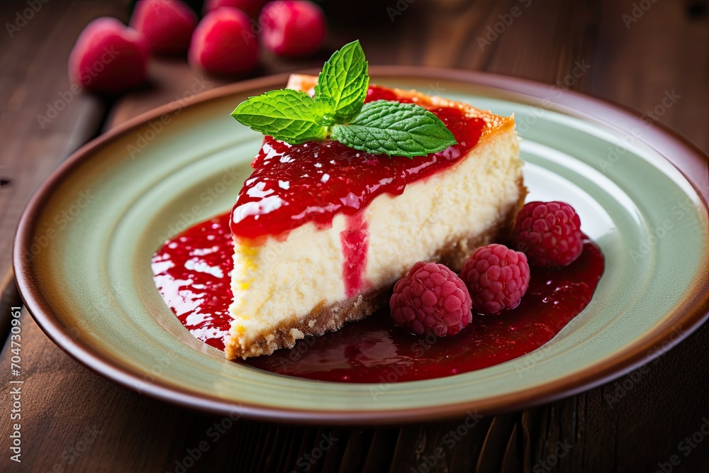 Top down shot of cheesecake with raspberries and berry sauce on wooden table with emphasis on the cake Top down shot of cheesecake with raspberries and berry sauce on wooden table with emphasis on the cake