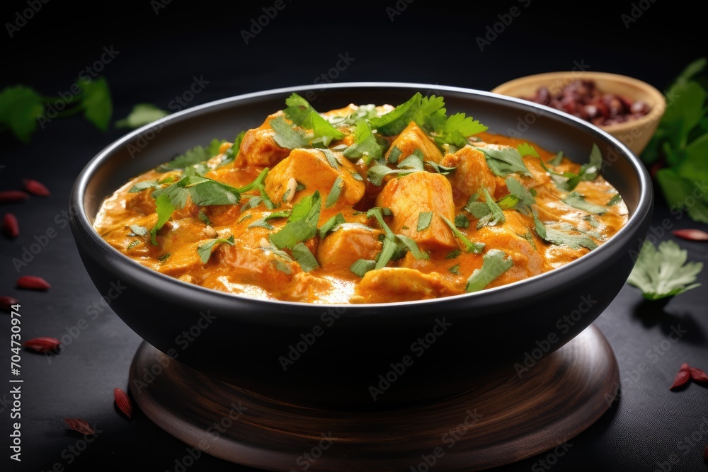 Top down view of a flavorful chicken curry in a bowl on a gray tabletop