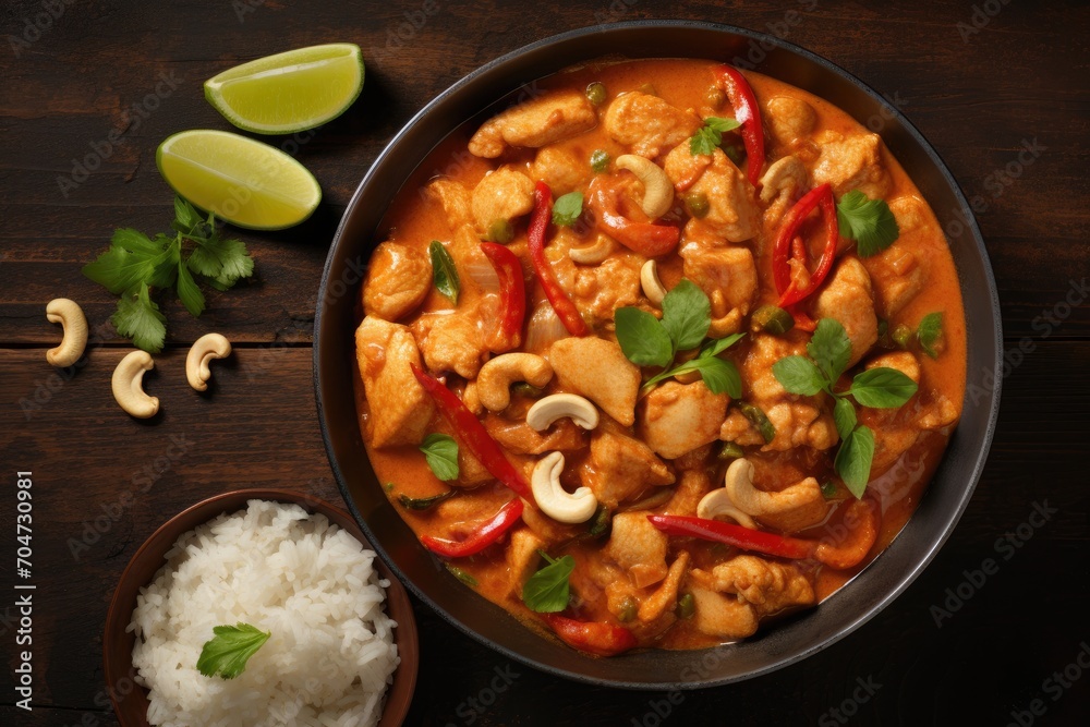 Top down view of Thai inspired chicken and cashew red curry with empty space for text Top down view of Thai inspired chicken and cashew red curry with empty space for text