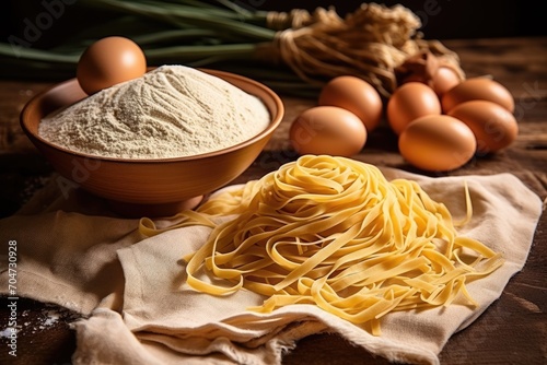 The subject is homemade pasta freshly prepared from durum wheat appearing on a brown background in various shapes and sizes