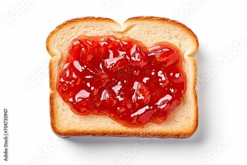 Top down close up photo of a bite of homemade jam on toasted bread isolated on a white background