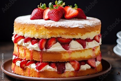 Top view of a perfectly delicious strawberries and cream cake with layers of strawberry mascarpone whipped cream