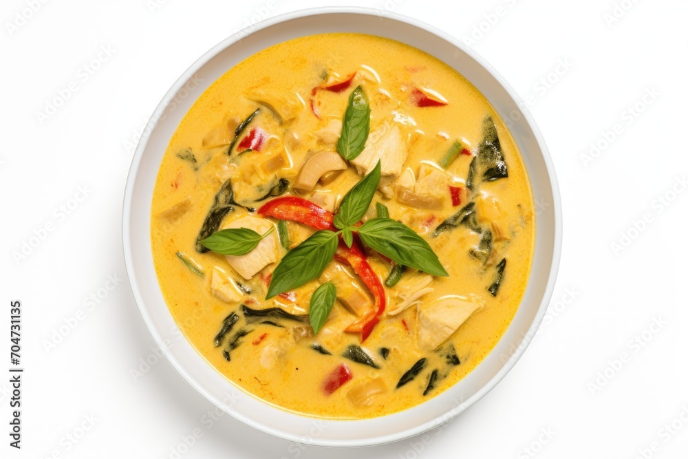 Top view photo of Thai coconut chicken curry on a white background Top view photo of Thai coconut chicken curry on a white background