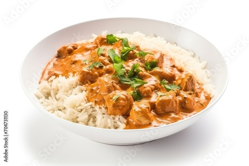 Top view photo of traditional Indian butter chicken with rice a creamy curry dish on a white background