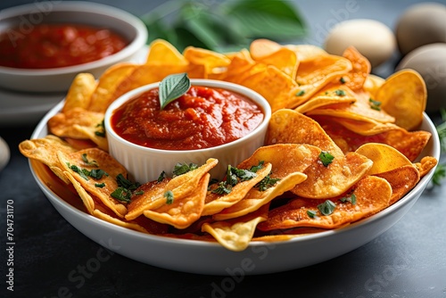 Trendy homemade pasta chips served with marinara sauce