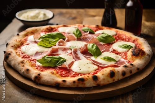Traditional Neapolitan pizza with ham mozzarella and basil ready to be served in a pizzeria