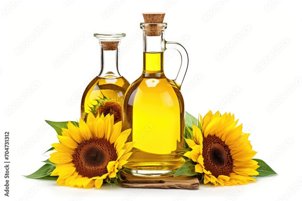 Three sunflower flowers in a bottle of vegetable oil on a white background Three sunflower flowers in a bottle of vegetable oil on a white background