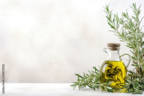 Thyme and olive oil on a white rustic background room for words