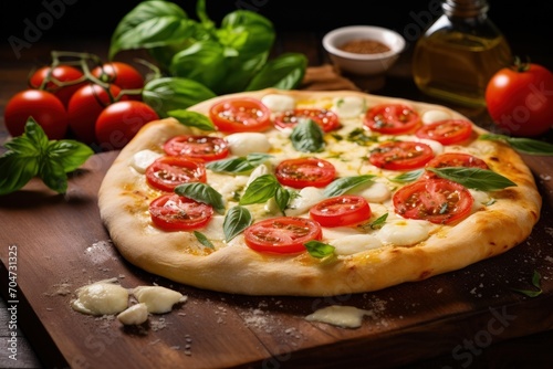 Tomato basil and Mozzarella pizza on wooden background
