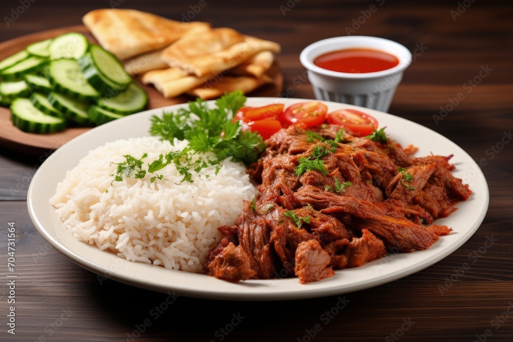 Traditional Ramadan doner kebab with tomato sauce and rice on a white plate on a wood table background Pilav ustu doner Traditional Ramadan doner kebab with tomato sauce and rice on a white plate on a wood table background Pilav ustu doner