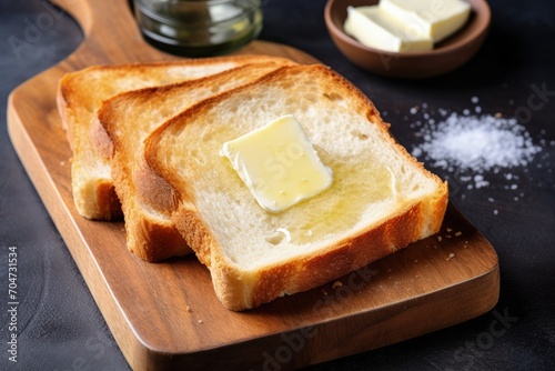 Top view of sliced artisan toast with butter and sugar on a wooden cutting board served as a simple breakfast on a grey concrete background