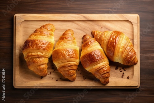 Top view of wooden cutting board with freshly baked croissants