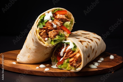 Traditional Arab chicken shawarma doner kebab with copy space rolled in pita wrap