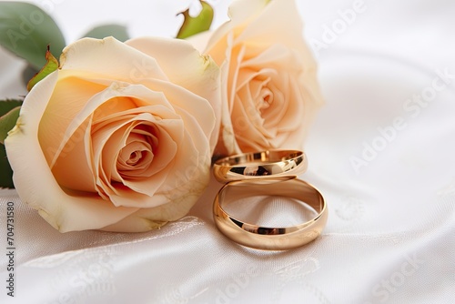 Two soft toned roses and golden rings on white background for a golden wedding photo