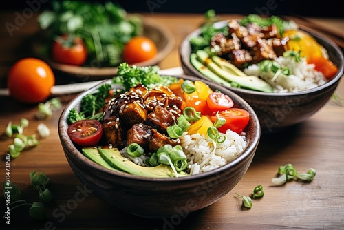 Two vegan tempeh poke bowls filled with rice hoisin baked tempeh and vibrant veggies a nutritious and tasty lunch photo
