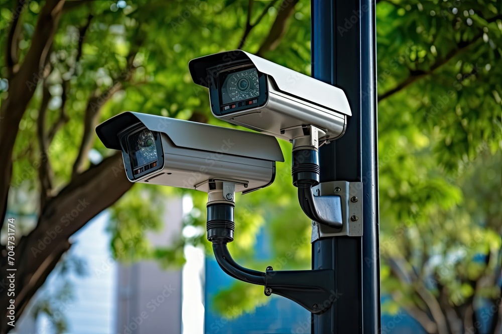 CCTV cameras on metal poles in a public park monitor and record incidents for investigation and crime prevention