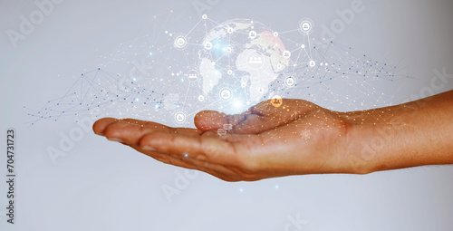 digital technology Internet network connection Big Data, Internet, IoT of Digital Marketing Man with an open hand with modern icons surfing the internet, metaverse, future, innovative technology.