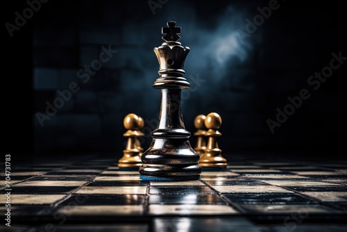 Chess game with king winning on black background Success business strategy victory intellect tactics defeat checkmate leader concept photo