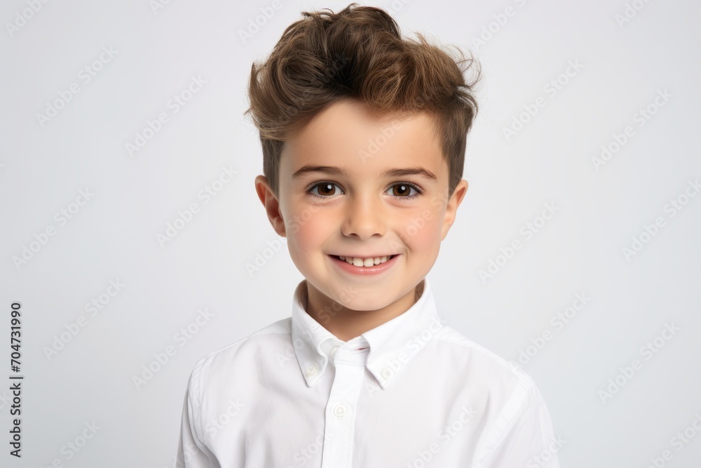 Portrait of a cute little boy in a white shirt on a gray background Portrait of a cute little boy in a white shirt on a gray background